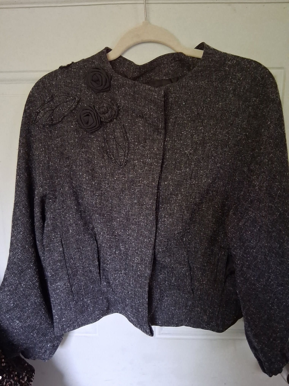 Elle Charcoal Tweed Cropped Blazer with Rosette Detail And 3/4 Puff Sleeves